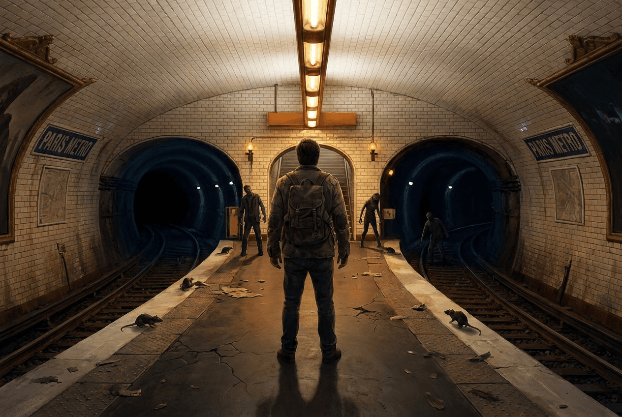 Third-person view of a survivor on the cream-tiled Clichy platform at night, rats and zombies coming out of both tunnels